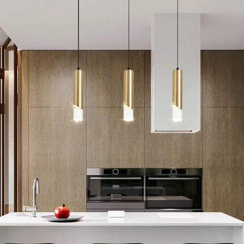 lustre led cylindrique minimaliste en fer et cristal clair - vue 3 sur 8