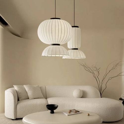 Lustre boule ovale en tissu style soie japonaise design - vue 4 sur 8