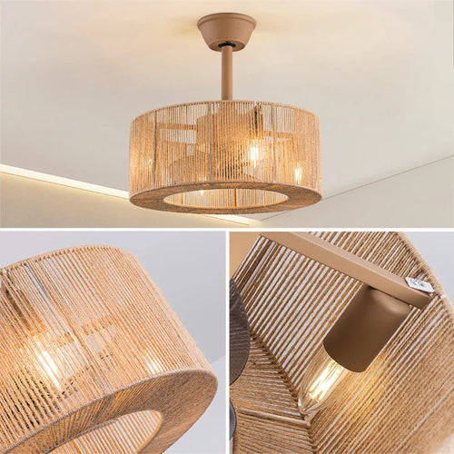 plafonnier décoratif en corde tressée avec ventilateur et intensité variable - vue 4 sur 11