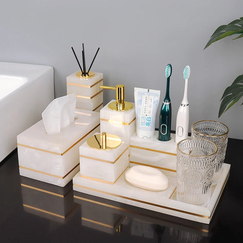 ensemble daccessoires en marbre naturel pour salle de bain - vue 3 sur 22