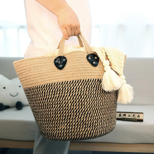 panier de rangement en jute et coton avec poignée - vue 5 sur 7