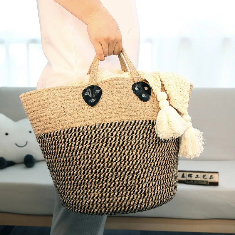 panier de rangement en jute et coton avec poignée - vue 4 sur 7