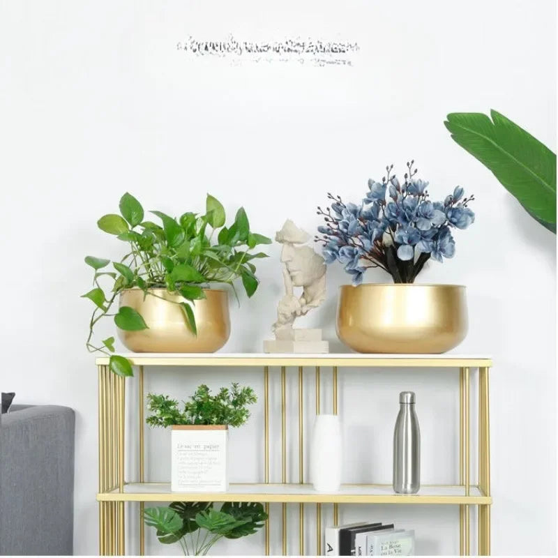 pot de fleurs rond en métal doré pour plantes et décorations - vue 4 sur 8
