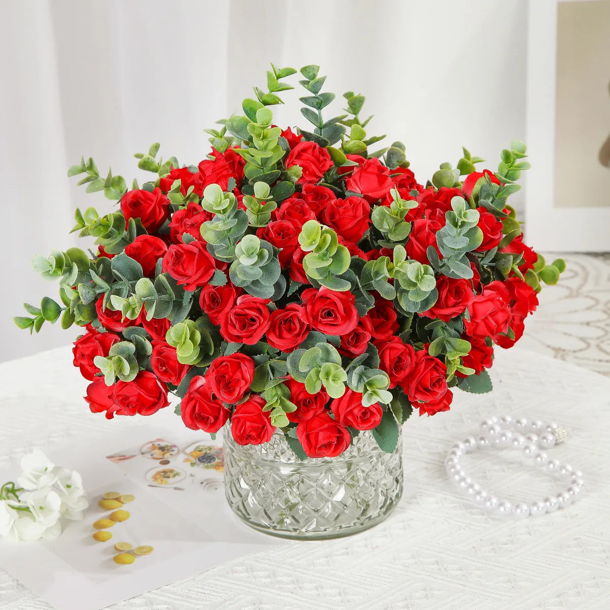 lot de 10 roses artificielles bouquet avec eucalyptus et pivoines décoratif - vue 2 sur 10