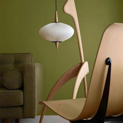 lampadaire design en bois noyer avec lampe suspendue - vue 5 sur 10
