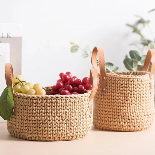 panier de rangement tricoté à la main en coton avec poignée en cuir - vue 4 sur 16