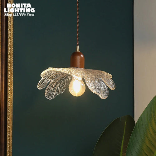 suspension lotus en noyer laiton et verre rétro - vue 3 sur 8