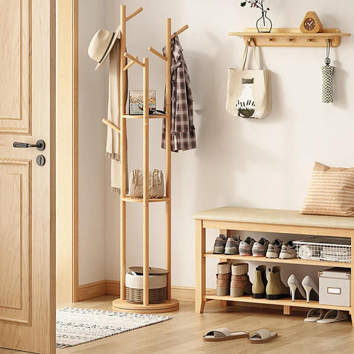 porte-manteau rotatif en bois avec étagères et crochets pratiques - vue 3 sur 7