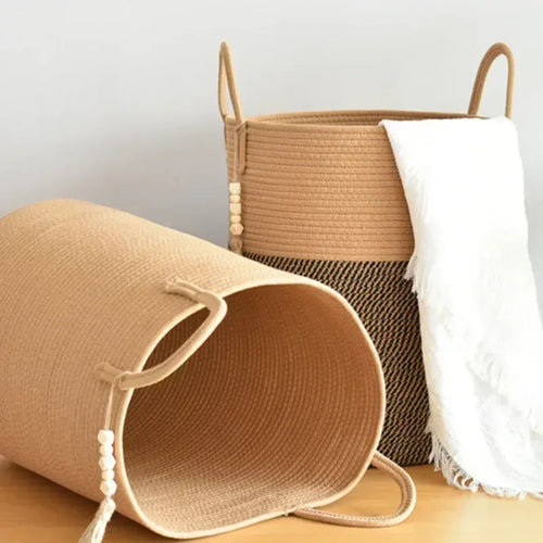 grand panier à linge tissé avec poignées en coton pliable - vue 3 sur 10