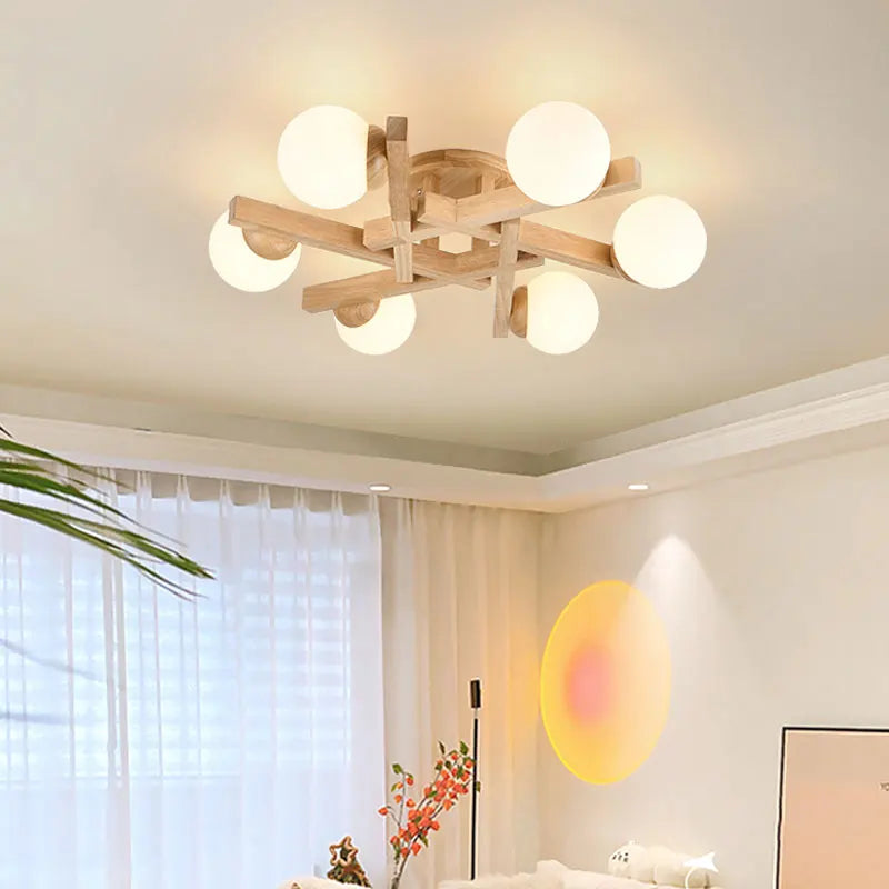 plafonnier en bois et verre laiteux design nordique pour décoration intérieure - vue 3 sur 13