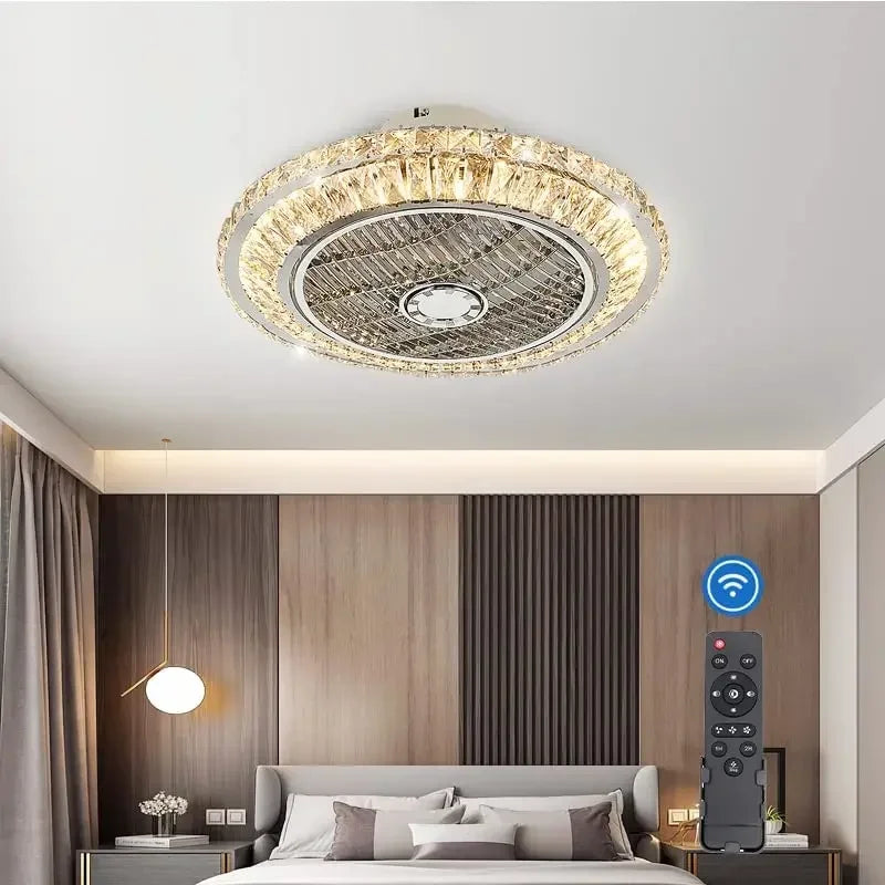 ventilateur de plafond en cristal moderne avec lumière et télécommande - vue 3 sur 7