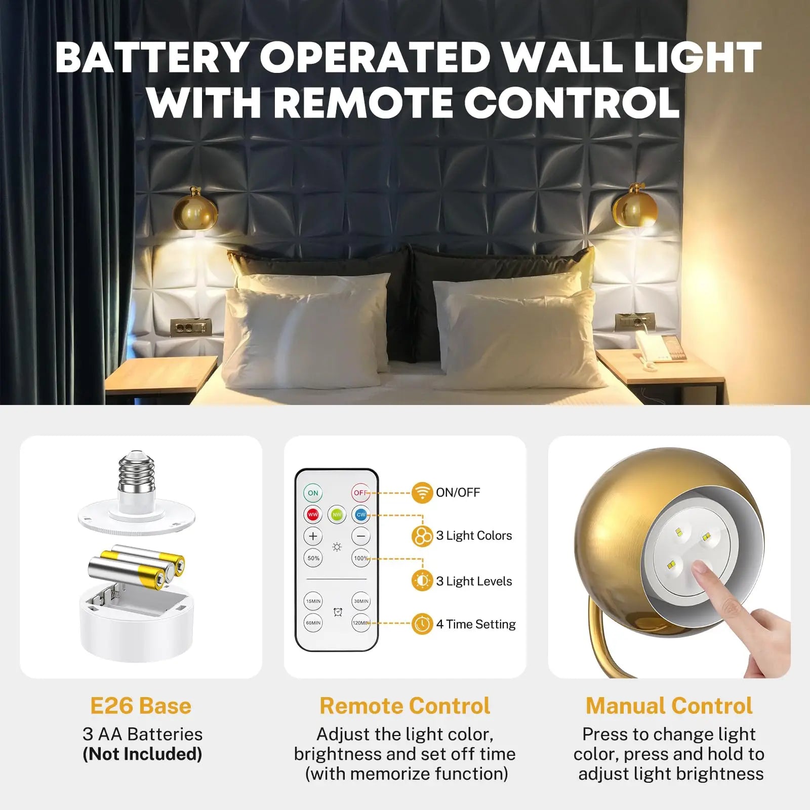 Gold Wall Sconces Battery Operated, Not Hardwired Dimmable, Battery Wall Sconce Wireless Wall Lamp for Bedroom, Bulb Included - vue 5 sur 7