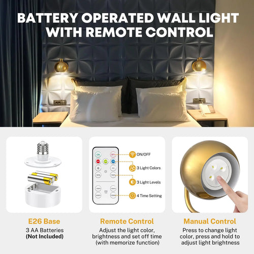 Gold Wall Sconces Battery Operated, Not Hardwired Dimmable, Battery Wall Sconce Wireless Wall Lamp for Bedroom, Bulb Included - vue 6 sur 7
