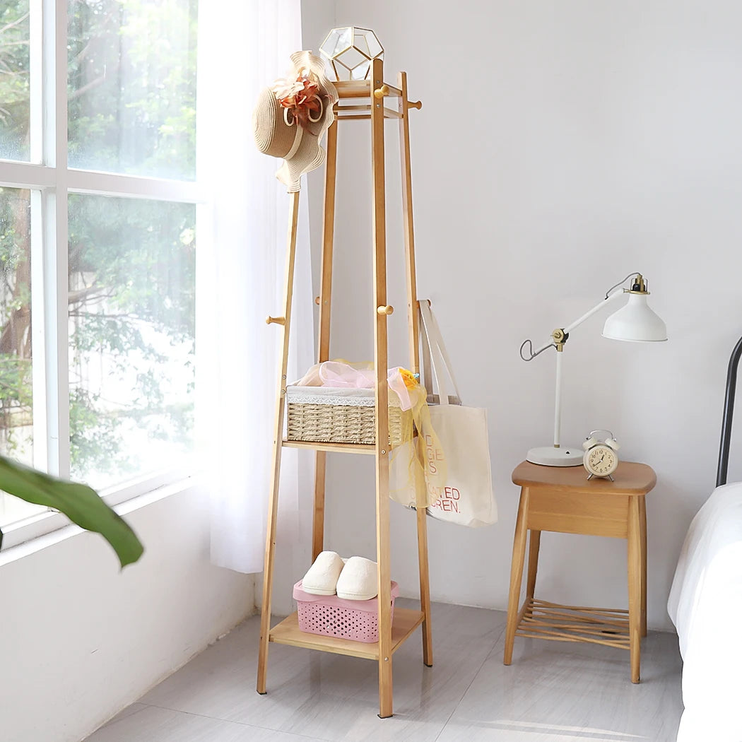 porte-manteau en bambou sur pied avec étagère de rangement - vue 4 sur 7