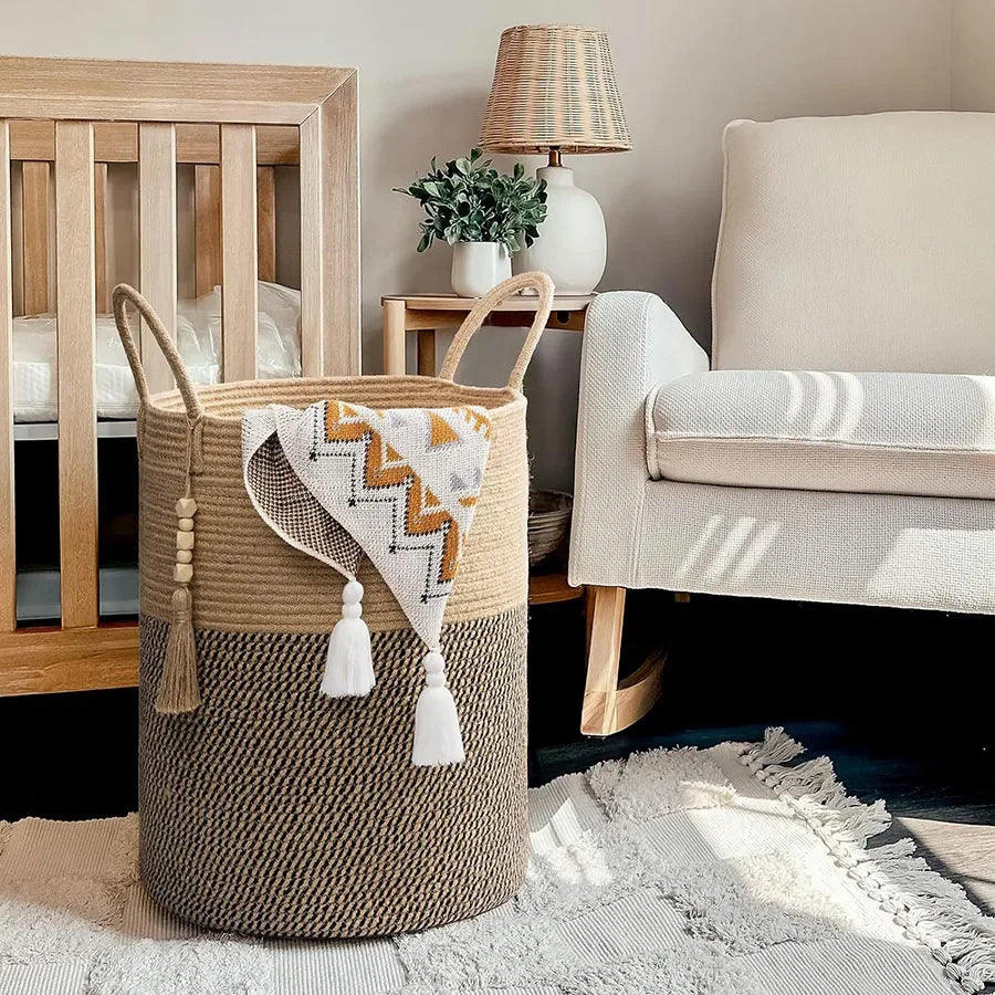 grand panier de rangement tissé avec poignées en coton pliable - vue 5 sur 9