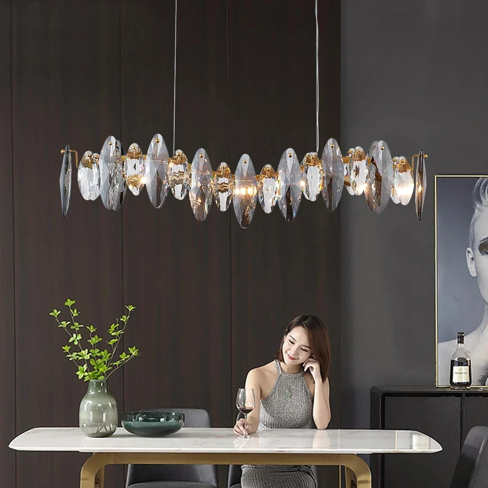 lustre moderne en cristal avec led et suspensions ronds - vue 3 sur 12