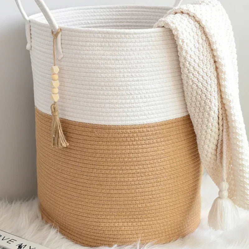 grand panier à linge tissé avec poignées en coton pliable - vue 4 sur 10