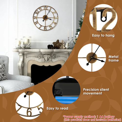 horloge murale vintage silencieuse en fer rustique 16 pouces - vue 8 sur 8