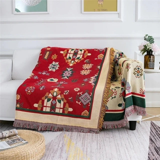 Plaid bohème tricot motif carte du monde décoratif