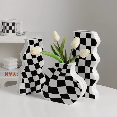 vase en céramique damier pour fleurs séchées décoration élégante - vue 2 sur 10