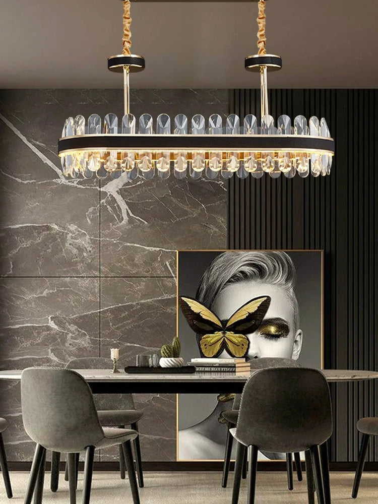lustre en cuir led cristal luxueux rond suspendu moderne - vue 5 sur 24
