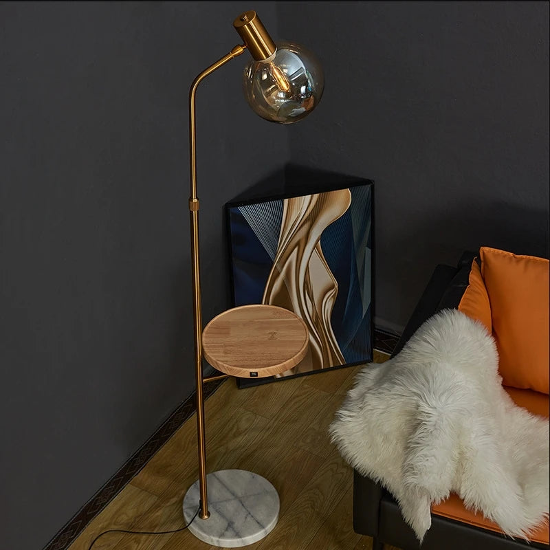 Lampadaire LED moderne ambre verre marbre Base bois pour salon chambre lecture éclairage E27 ampoule - vue 3 sur 8