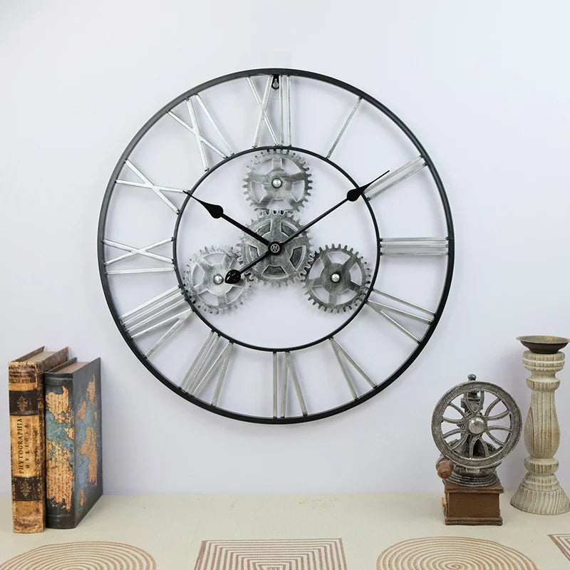 horloge murale rétro 3D luxe grand engrenage décorative artisanale - vue 5 sur 7