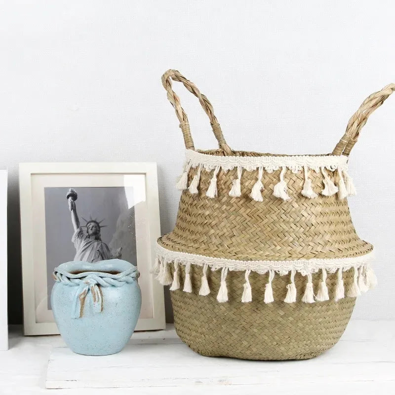 paniers de rangement en osier boho décor faits main en rotin - vue 8 sur 8
