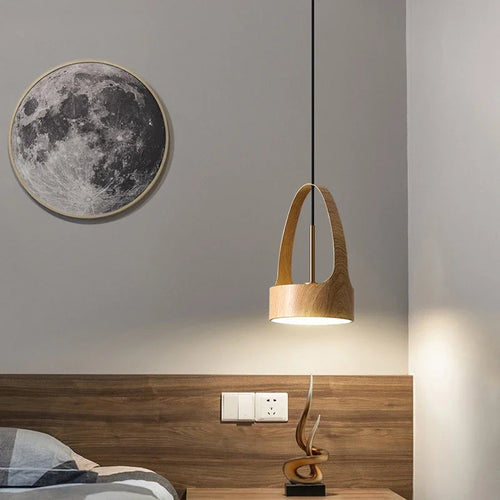 lustre moderne imitation grain de bois style nordique led suspension - vue 2 sur 8