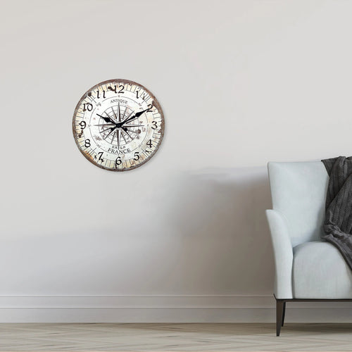 horloge murale en bois motif boussole rétro décoration silencieuse - vue 3 sur 7