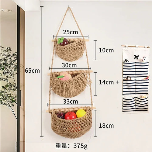paniers suspendus en macramé lot de trois niveaux de rangement - vue 10 sur 9