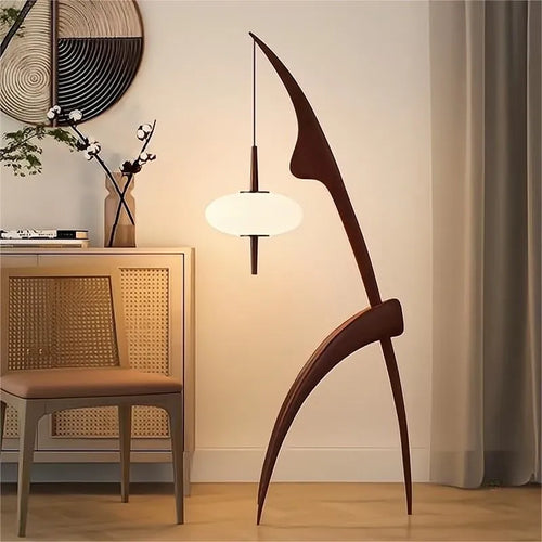 lampadaire design en bois noyer avec lampe suspendue - vue 3 sur 10