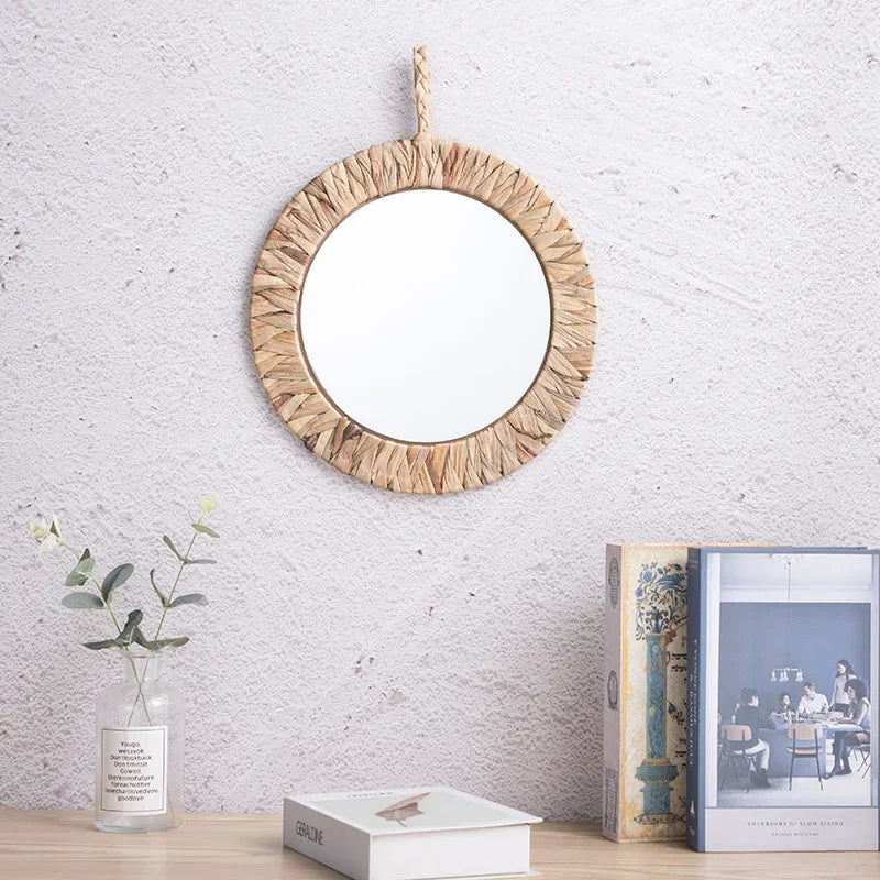 miroir tissé rétro en rotin pour décoration murale - vue 3 sur 6