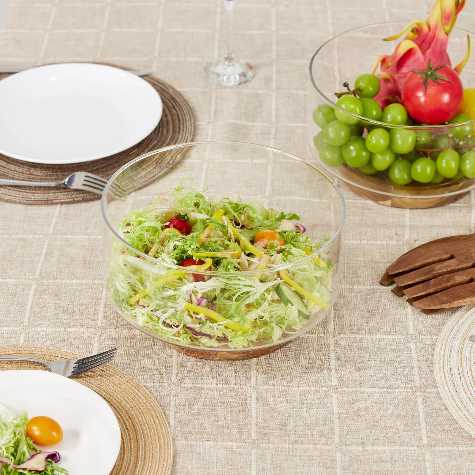 Bol fruits verre base bois design moderne salon - vue 5 sur 9