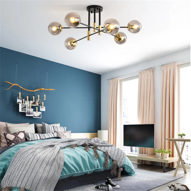 lustre nordique moderne led avec boules de verre - vue 1 sur 18