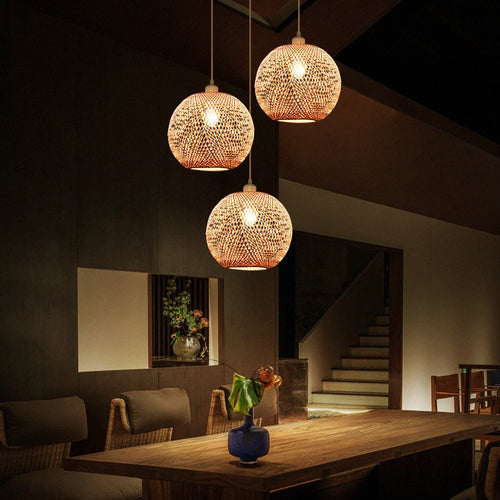 lustre moderne nordique en bambou tissé à la main led - vue 3 sur 10