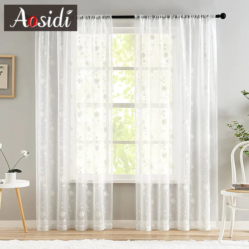 Voilage tulle brodé floral léger pour salon chambre - vue 1 sur 7