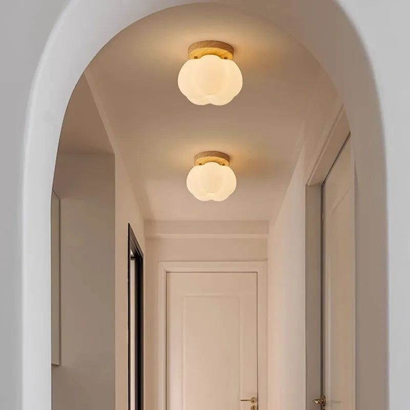 Walnut Wood Roll Molded Pumpkin, Wabi Sabi Modern, Flush Ceiling light fixture for Entrance Hall, Corridor, Balcony, Entrance - vue 4 sur 10