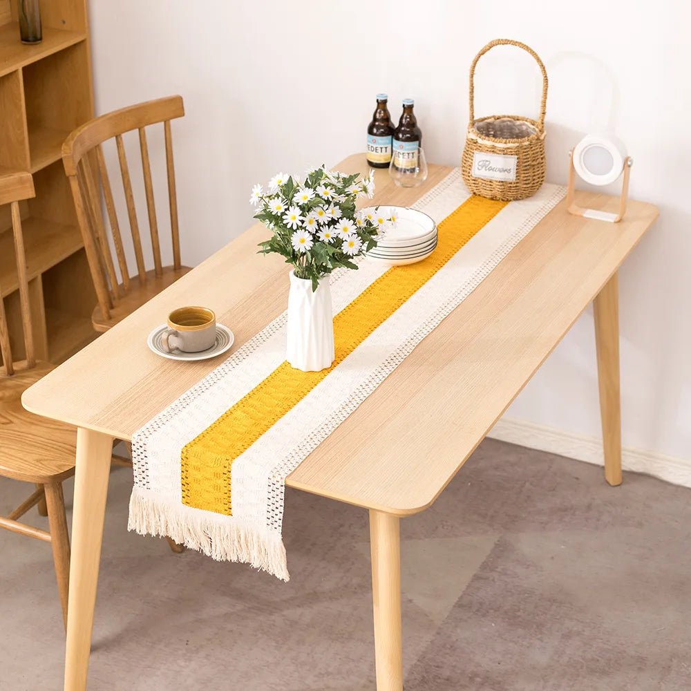 Chemin de table aspect lin motif carreaux decoratif