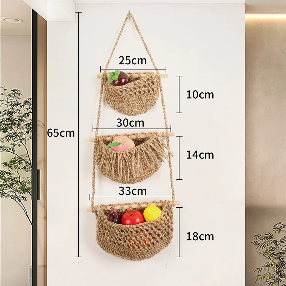 paniers suspendus en macramé lot de trois niveaux de rangement - vue 5 sur 9