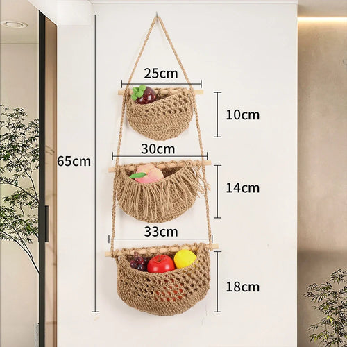 paniers suspendus en macramé lot de trois niveaux de rangement - vue 6 sur 9