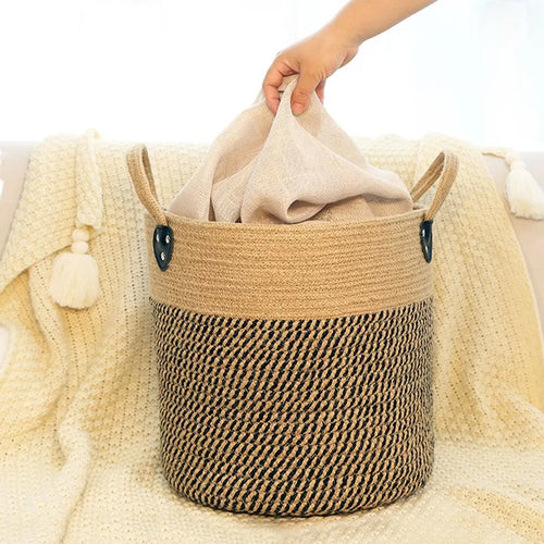 panier de rangement en jute et coton avec poignée - vue 2 sur 7