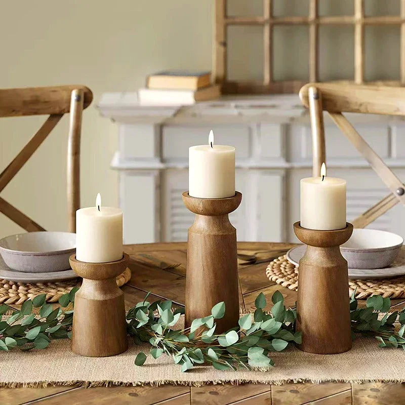 lot de 3 bougeoirs en bois naturel pour décoration rétro de mariage - vue 4 sur 6