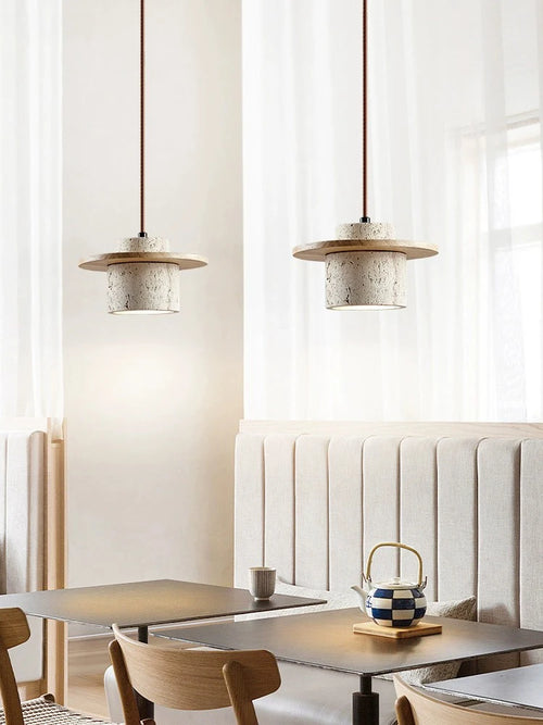 Suspension style japonais led vintage en pierre et bois - vue 3 sur 7