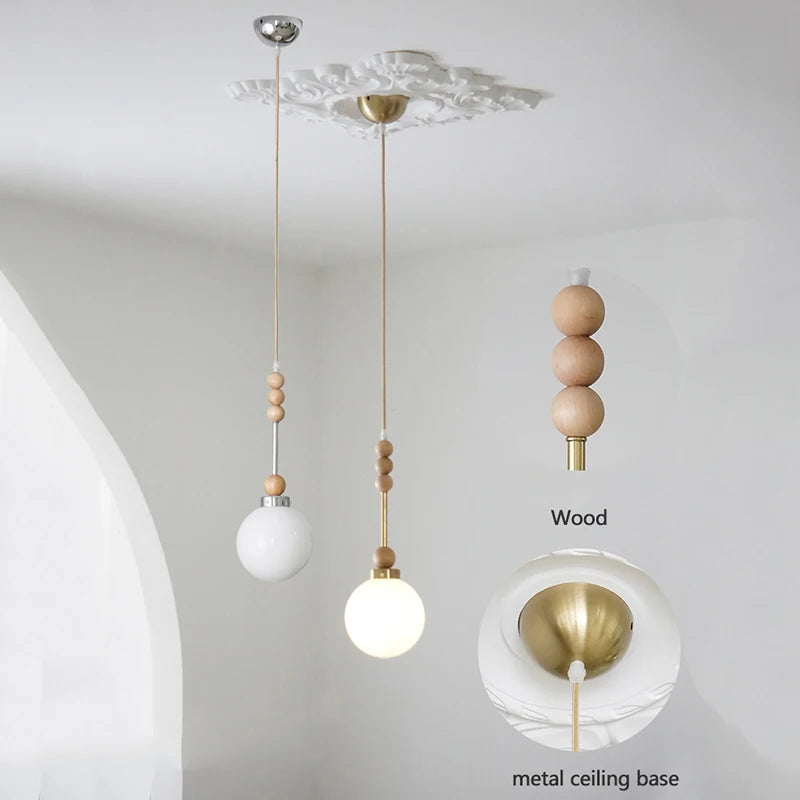 suspension vintage en verre et bois led - vue 5 sur 7