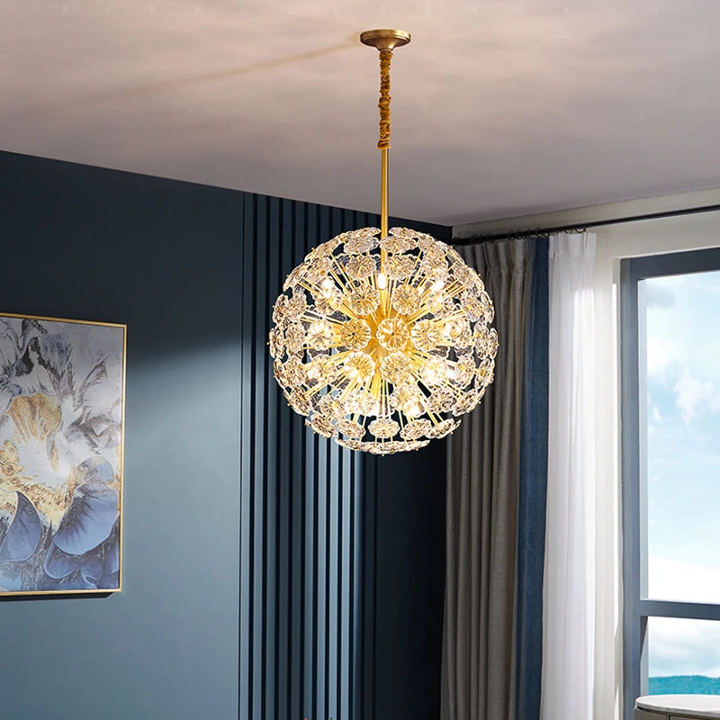 lustre suspendu en cuivre avec cristaux de pissenlit rond - vue 3 sur 12