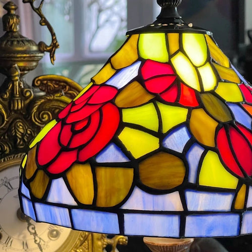 lampe de chevet style tiffany avec fleurs rouges émaillées antique - vue 7 sur 6