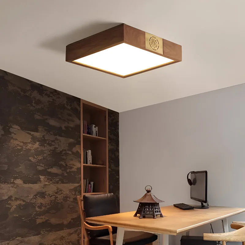 Walnut Wood Square Zen, Wabi-sabi Modern Vintage style, Ceiling light for Living Room, Bedroom, dining Room, Study Room - vue 3 sur 8