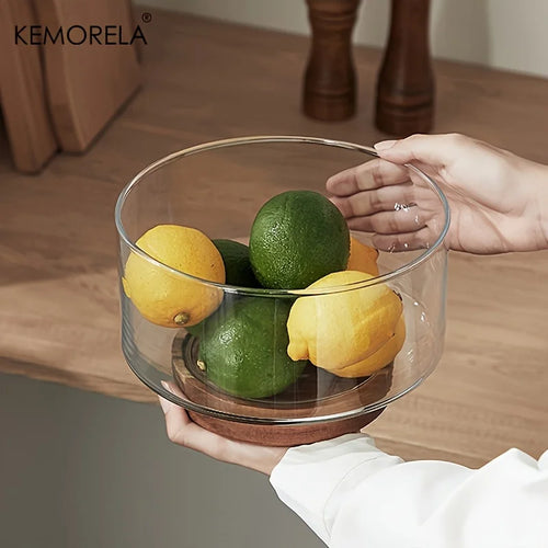 Bol fruits verre base bois design moderne salon - vue 4 sur 9