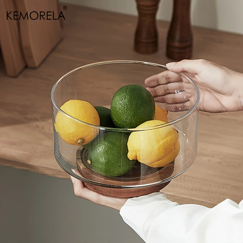 Bol fruits verre base bois design moderne salon - vue 3 sur 9